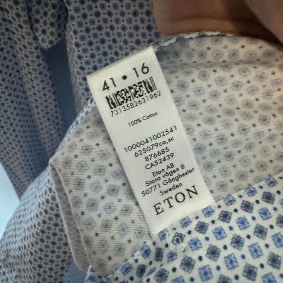 Eton Shirt Mens Large Size 16 Blue Geometric Long Sleeve Button Up Contemporary - Picture 5 of 8